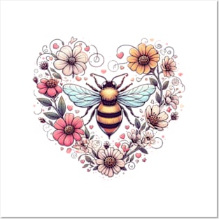 A buzzing bee surrounded by heart-shaped flowers, Bee My Valentine Posters and Art